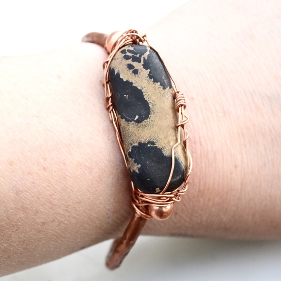 Leopard Cheetah Jasper Solid Copper Cuff Bracelet - Picture 6 of 7